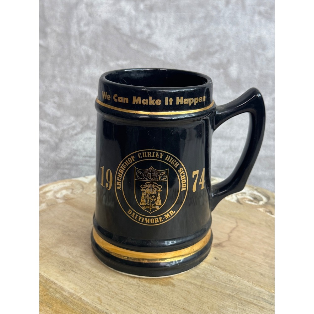 Vintage 1974 Archbishop Curley High School Baltimore MD Black Gold Ceramic Stein
